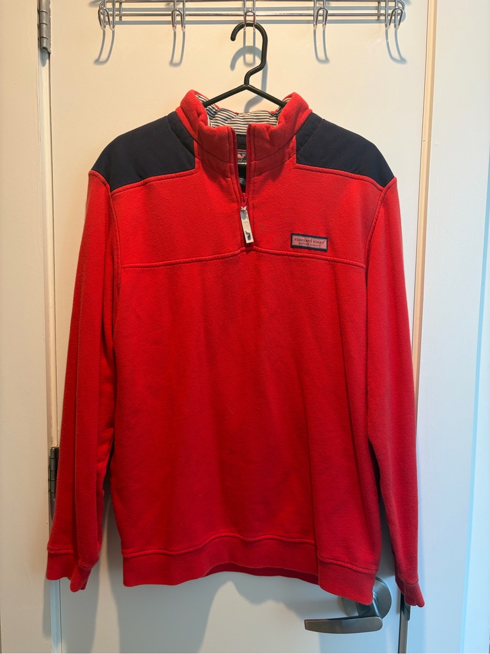 Vineyard Vines Red Quarter-Zip Pullover with Navy Shoulder Panels